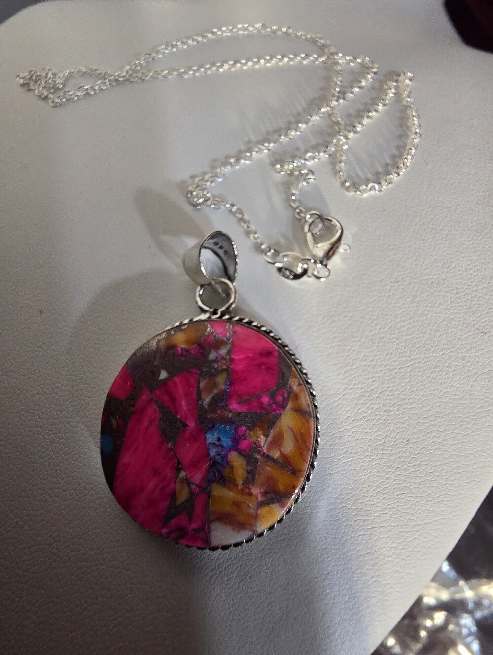 Silver Multicolor Stone Pendant Necklace - Pink & Orange Inlay
